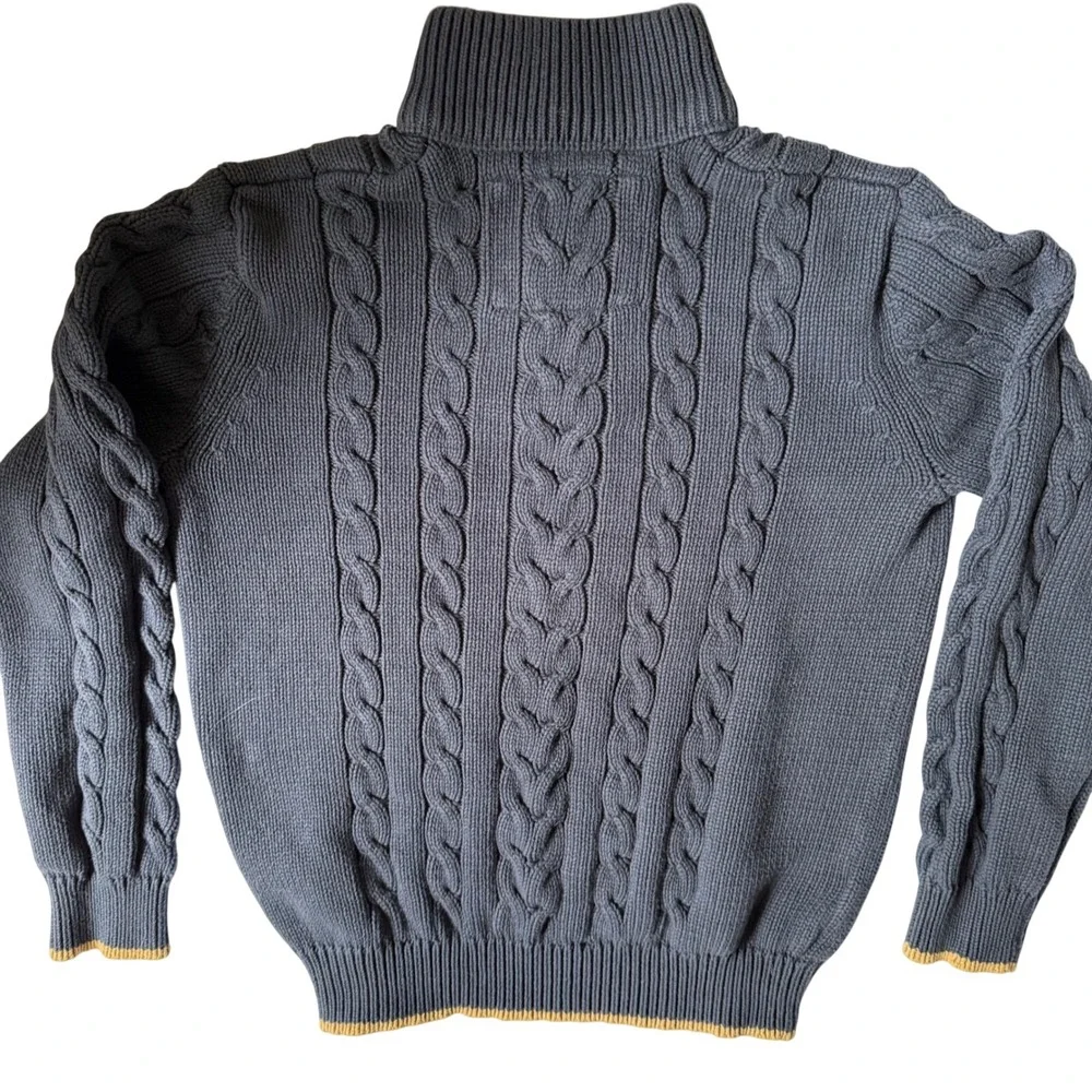 Eddie‎ Bauer Mens Navy Blue Cable Knit Cotton Mock Neck Button Sweater Large
